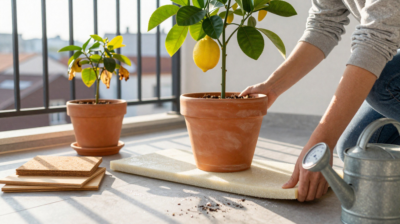 Person placing a lemon tree pot on a foam mat on a sunny balcony with another potted plant nearby.
