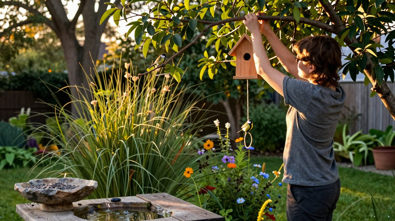 Child hanging a wooden birdhouse on a tree branch in a vibrant garden during sunset.