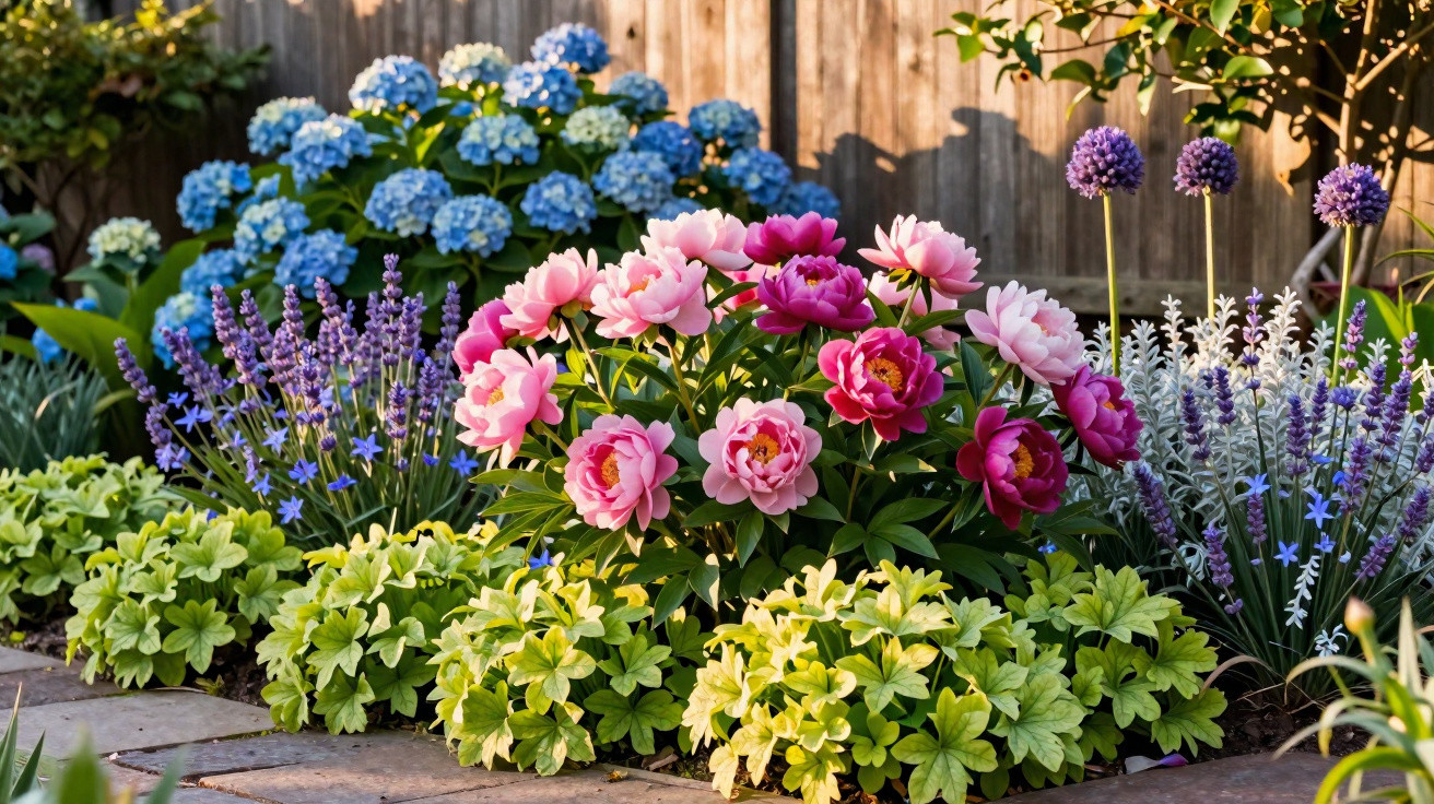A colourful garden bed with pink peonies, blue hydrangeas, purple alliums, lavender, and green foliage in sunlight.
