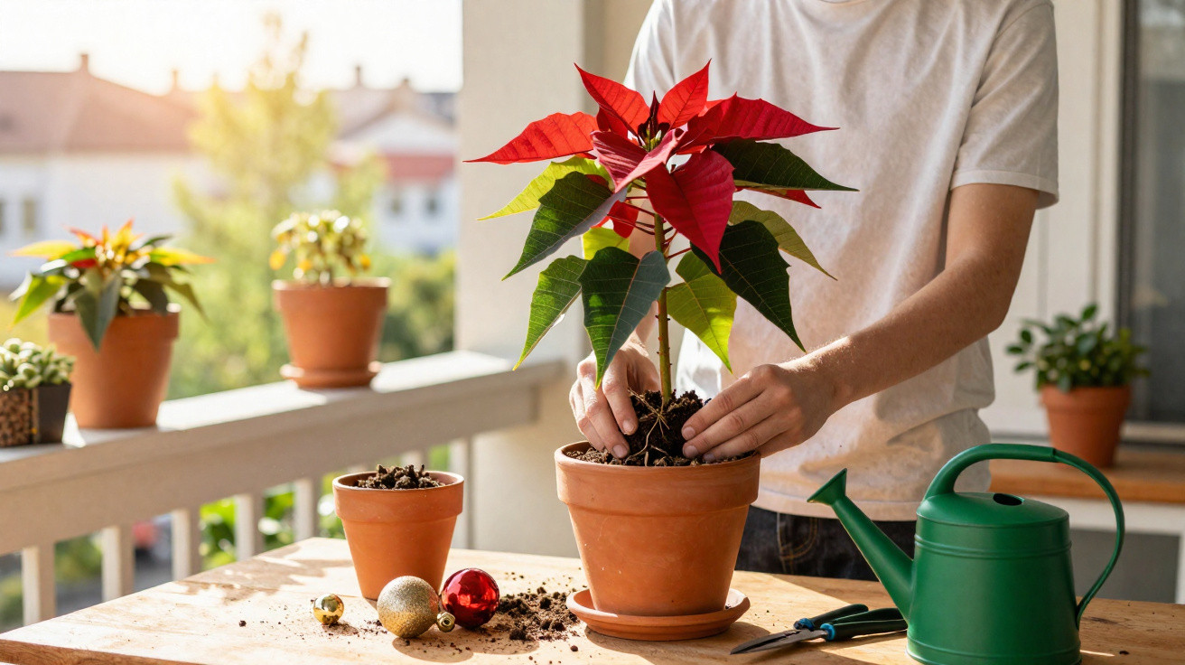 Person repotting a poinsettia plant on a balcony table with gardening tools and decorations nearby.