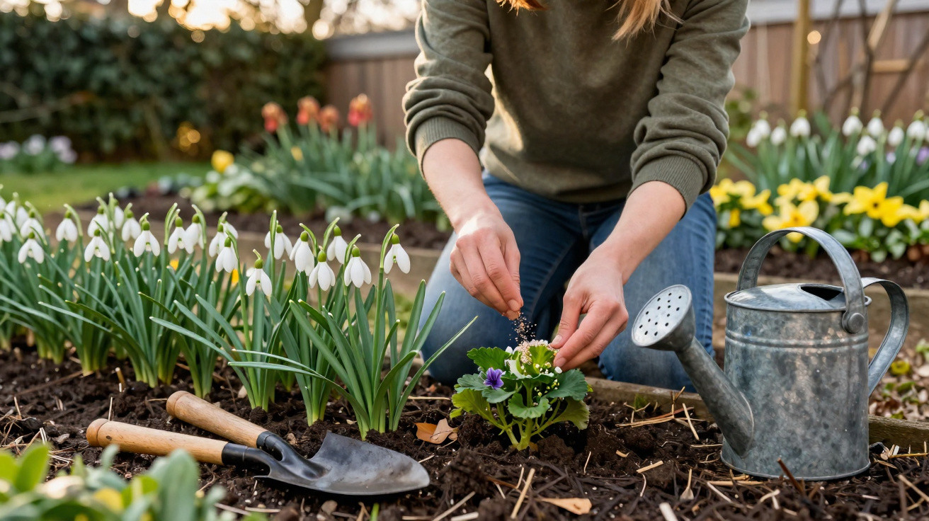 Person planting small flowers in a garden bed with gardening tools and a watering can nearby.