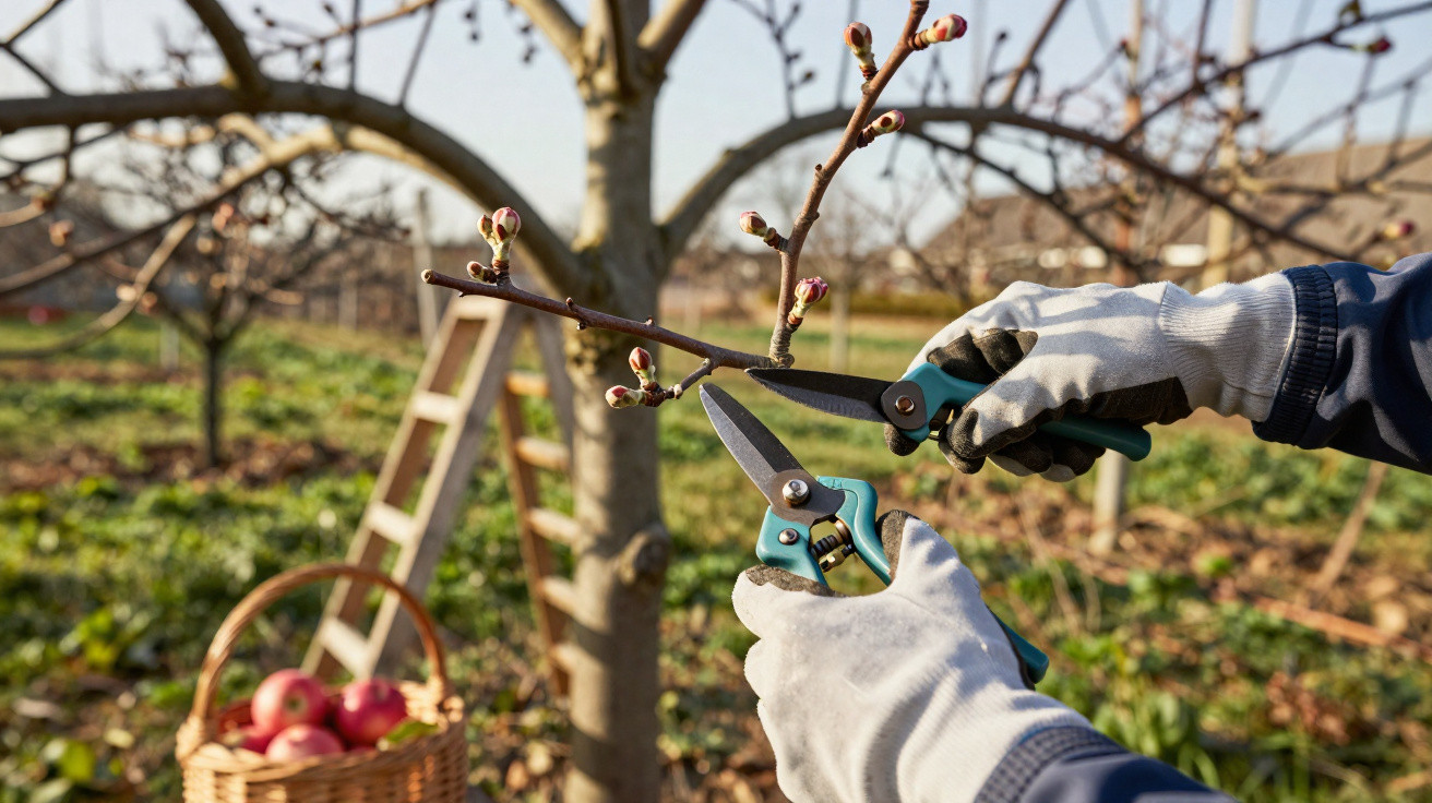 Hands in gloves pruning a budding tree branch with garden shears in an orchard with apples and a ladder nearby.
