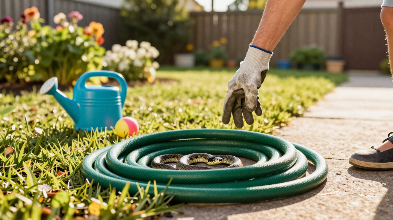 Garden hose on lawn with grass snake inside and a gloved hand reaching towards it next to a watering can.