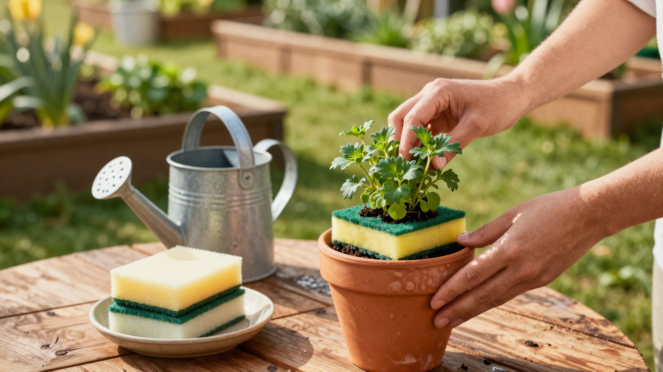 Hands planting a small green plant in a pot using a yellow and green sponge on a wooden table outdoors.