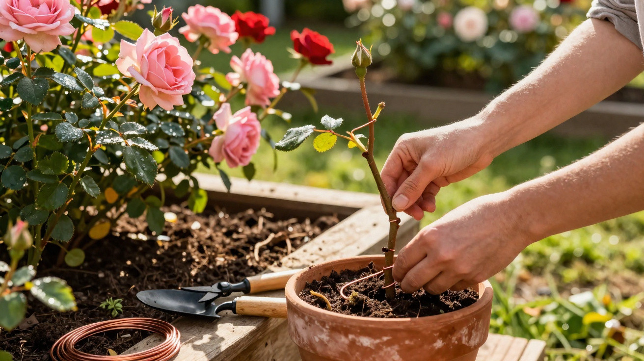 Hands planting a young rose cutting in a terracotta pot beside blooming pink and red roses in a garden.