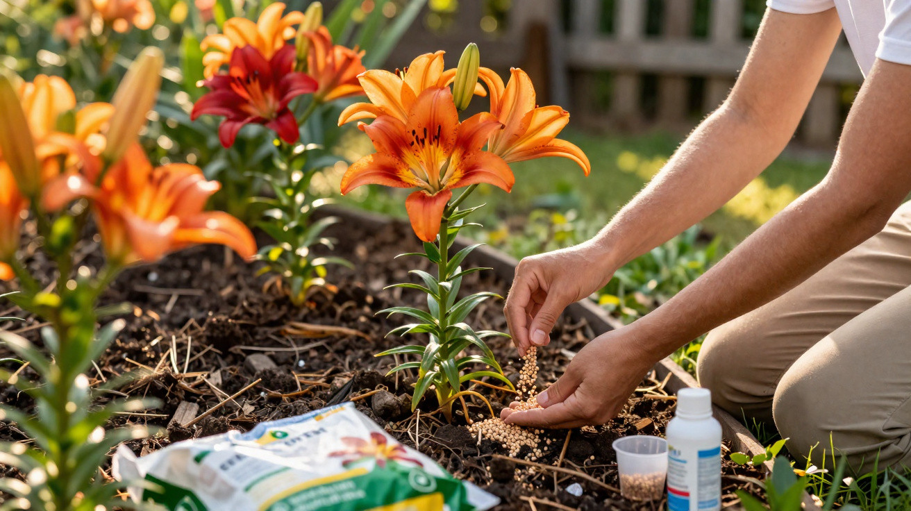Person fertilising soil around bright orange lilies in a garden bed on a sunny day