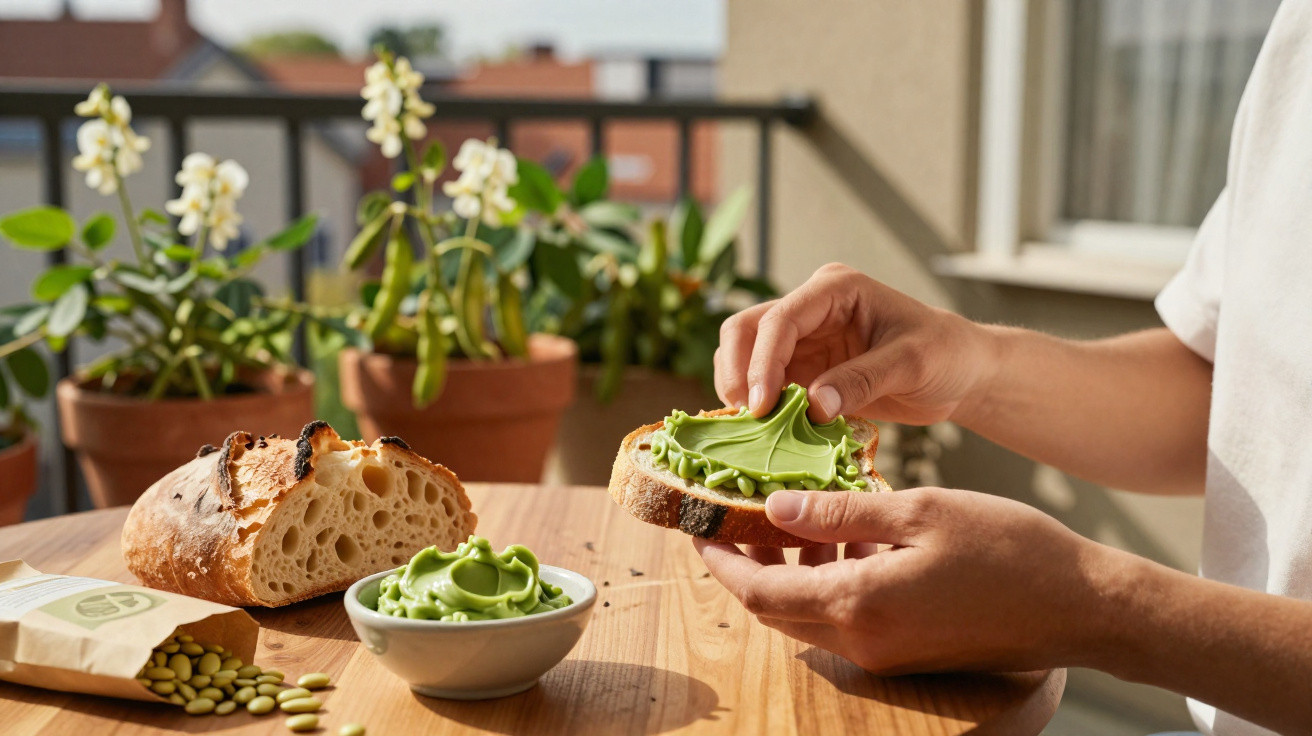 Person spreading green pea or avocado dip on a slice of sourdough bread on a wooden table outdoors.