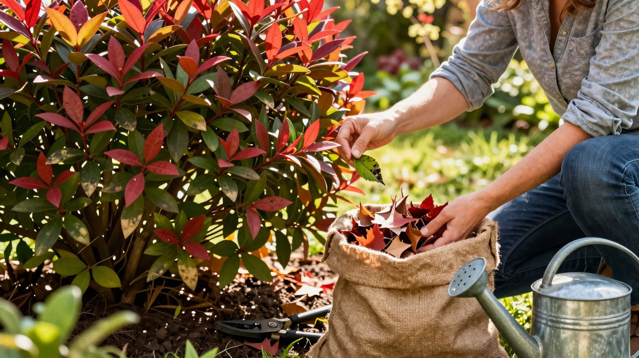 Person collecting red and orange autumn leaves into a burlap sack beside a colourful shrub in a garden.