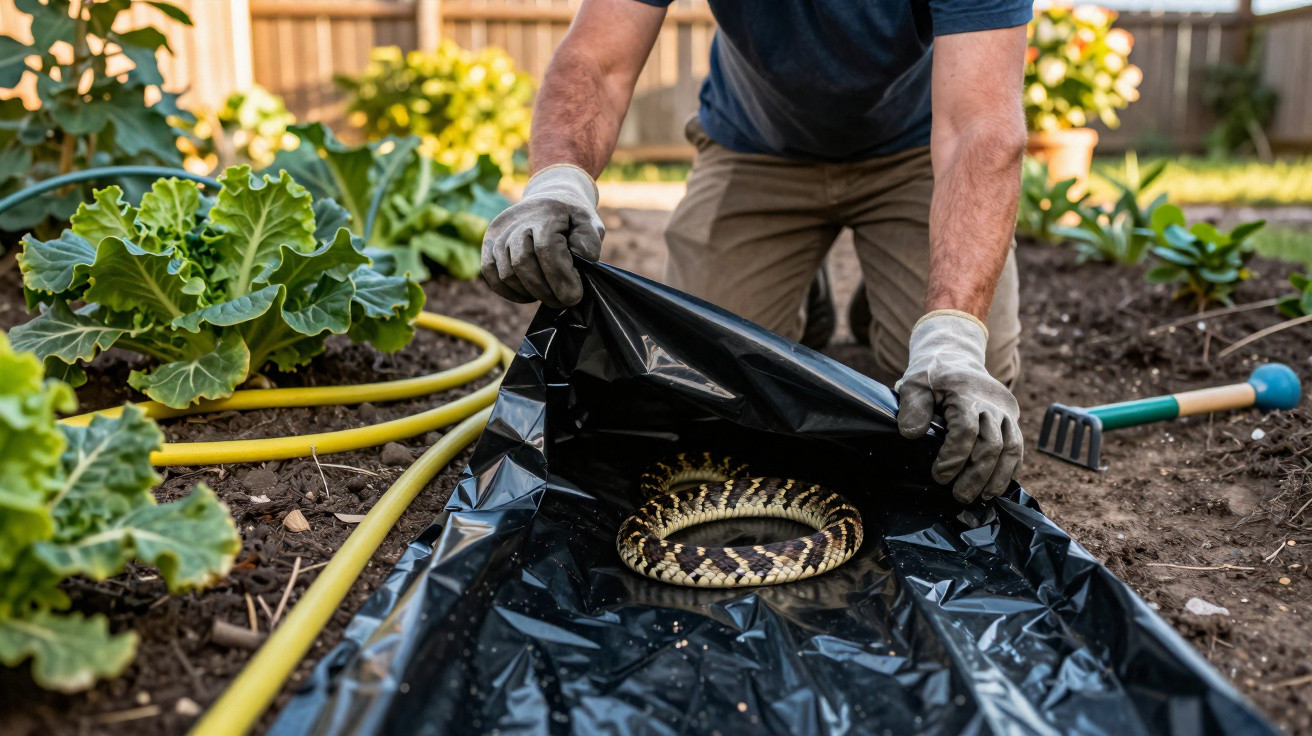 Person wearing gloves handling a coiled snake on black plastic in a garden bed with plants and a hose nearby.