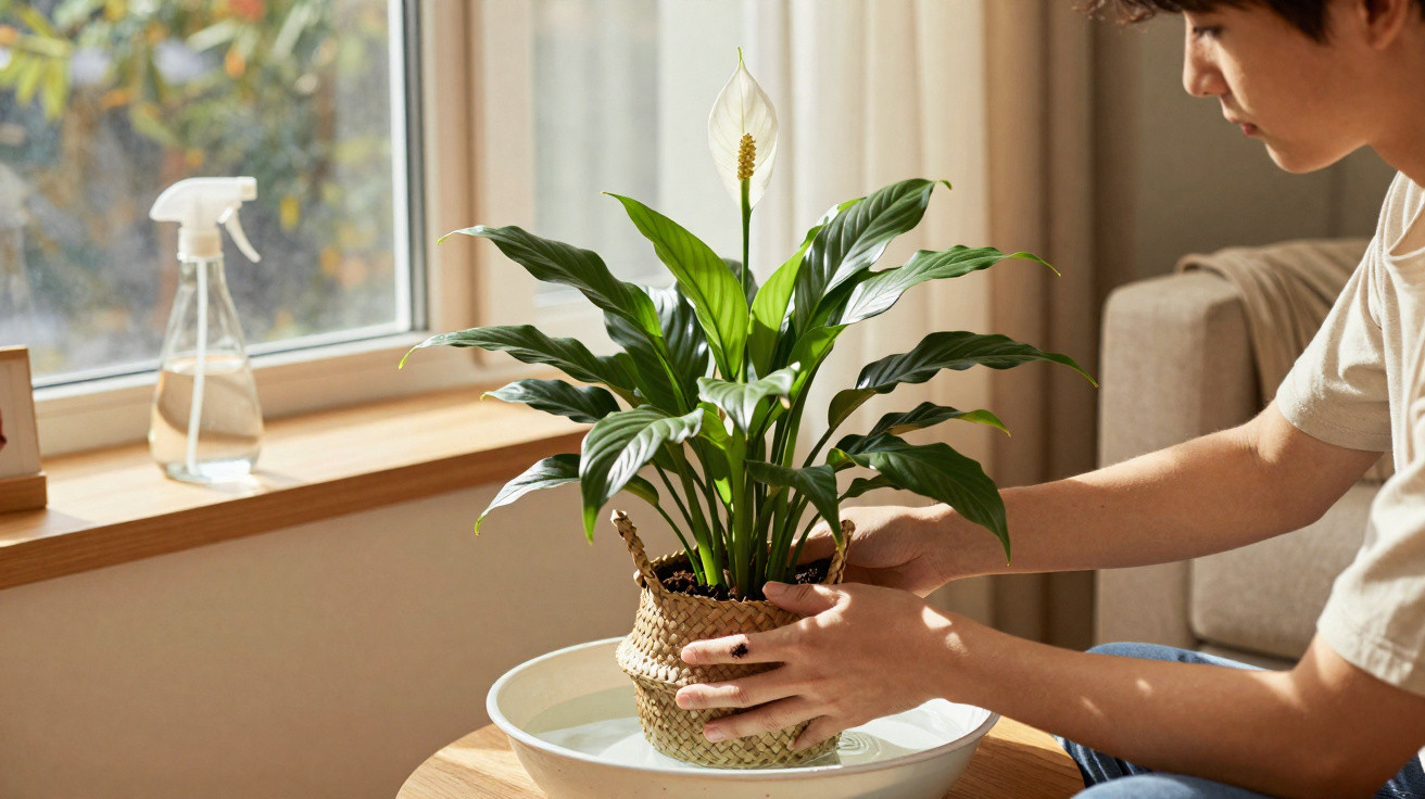 Person placing a potted peace lily plant into a shallow bowl of water on a wooden table by a window.