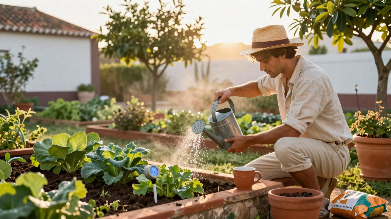 Man in a straw hat watering plants in a raised garden bed at sunset.