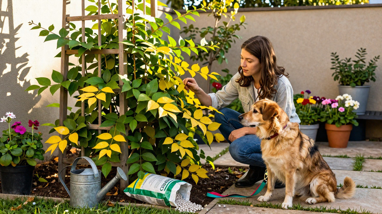 Woman crouching in garden tending to plant with dog sitting beside her and gardening supplies nearby.