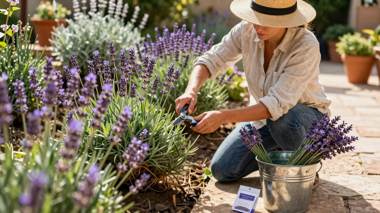 Person wearing a straw hat pruning lavender flowers in a garden with a metal bucket nearby.