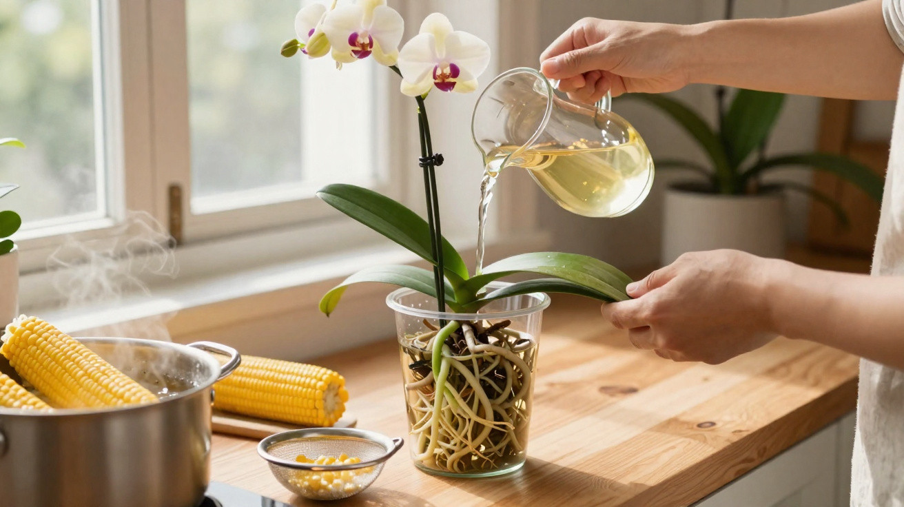Person watering an orchid plant in a transparent pot on a kitchen countertop with corn and cooking pot nearby.