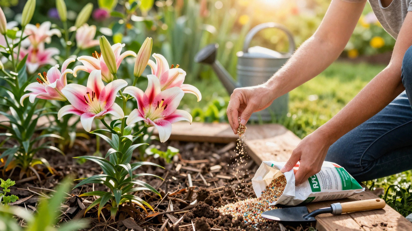 Person sprinkling fertiliser on soil near blooming pink and white lilies in a garden bed at sunrise.