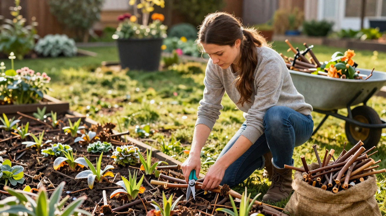 Woman pruning plants in a garden bed with gardening tools and a wheelbarrow nearby on a sunny day.