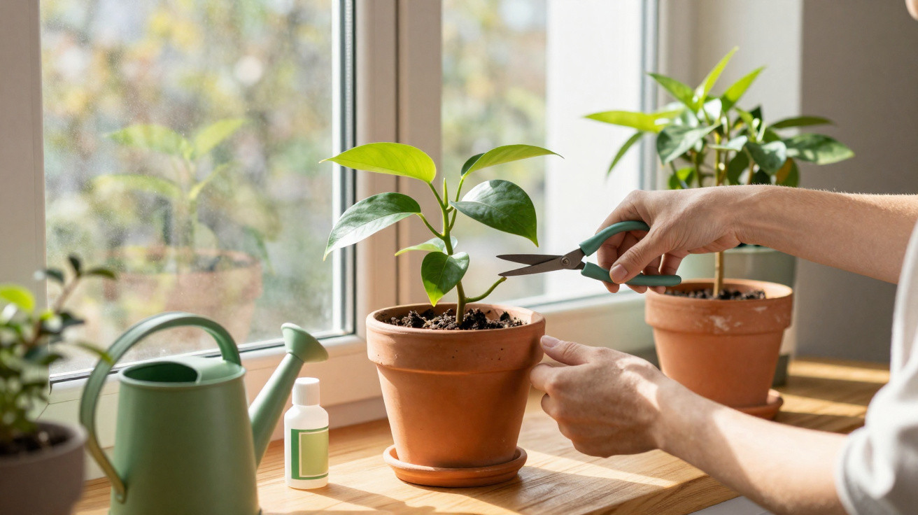 Person trimming a small green houseplant in a terracotta pot on a windowsill with gardening tools nearby.