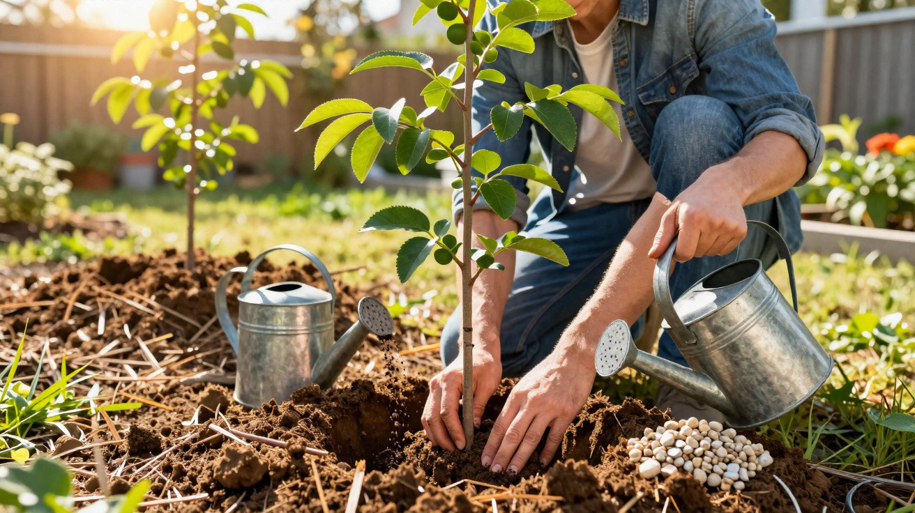 Person planting a young tree in soil with a metal watering can on a sunny day in a garden.