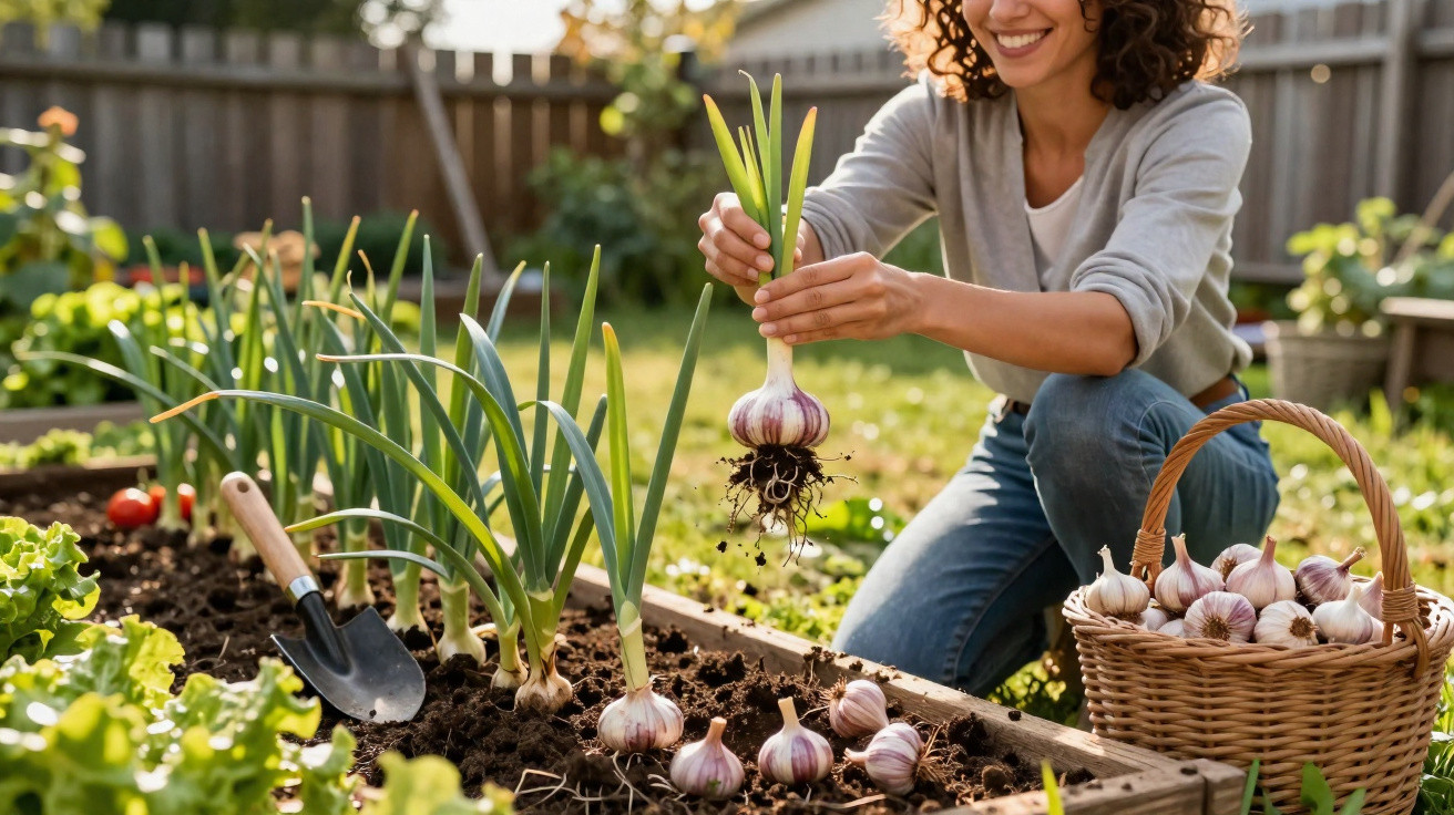 Woman harvesting fresh garlic from a garden bed with a basket and gardening trowel nearby on a sunny day.