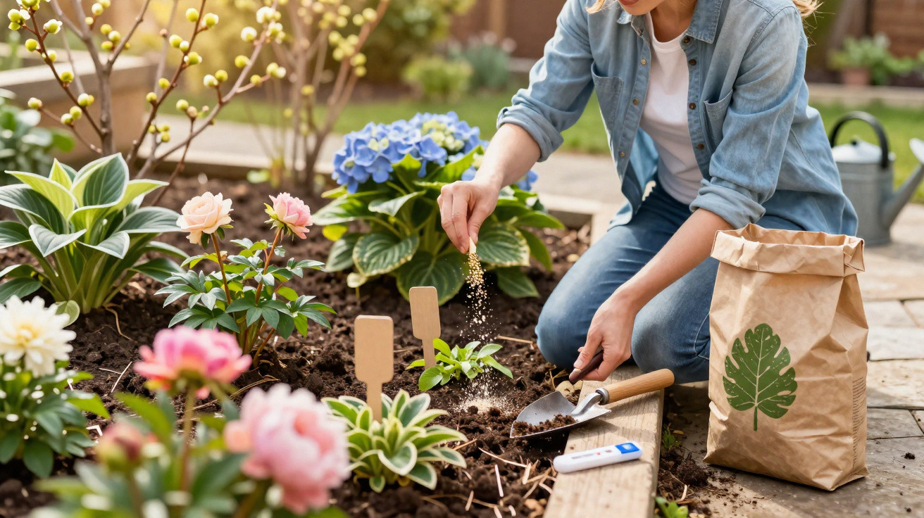 Person sprinkling fertiliser on young plants in a vibrant flower garden with gardening tools nearby.
