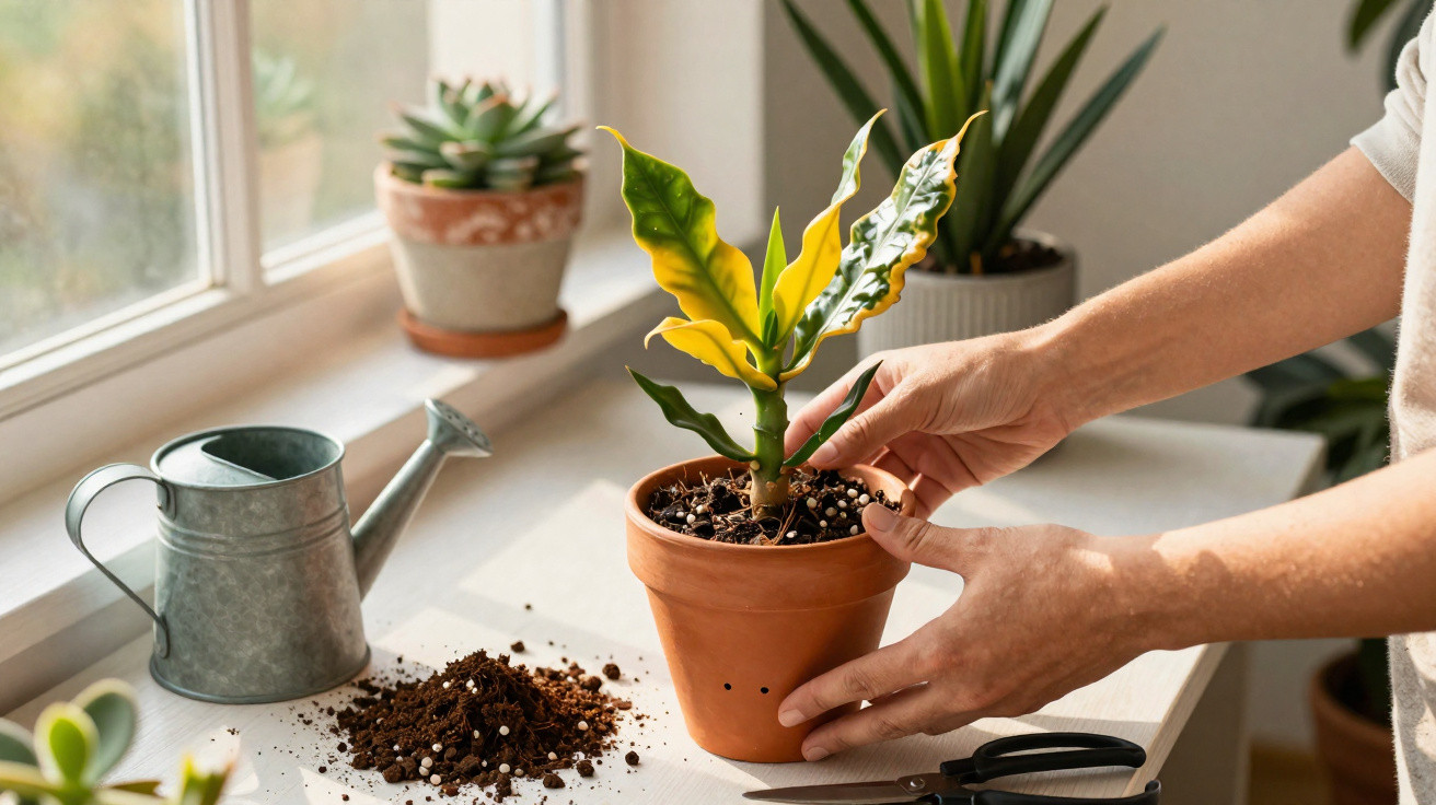 Hands potting a young green plant in a terracotta pot on a table by a bright window with gardening tools.