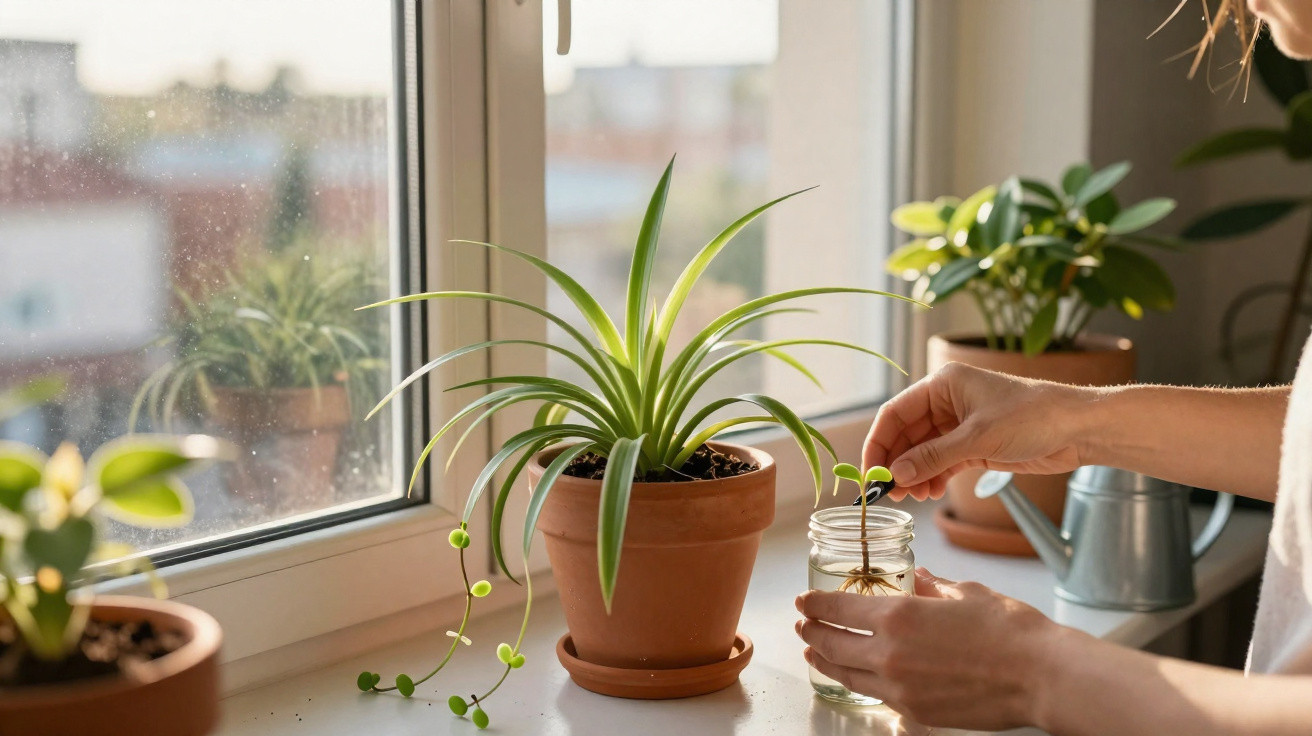 Hands placing a plant cutting into a jar of water on a sunny windowsill with potted plants nearby.