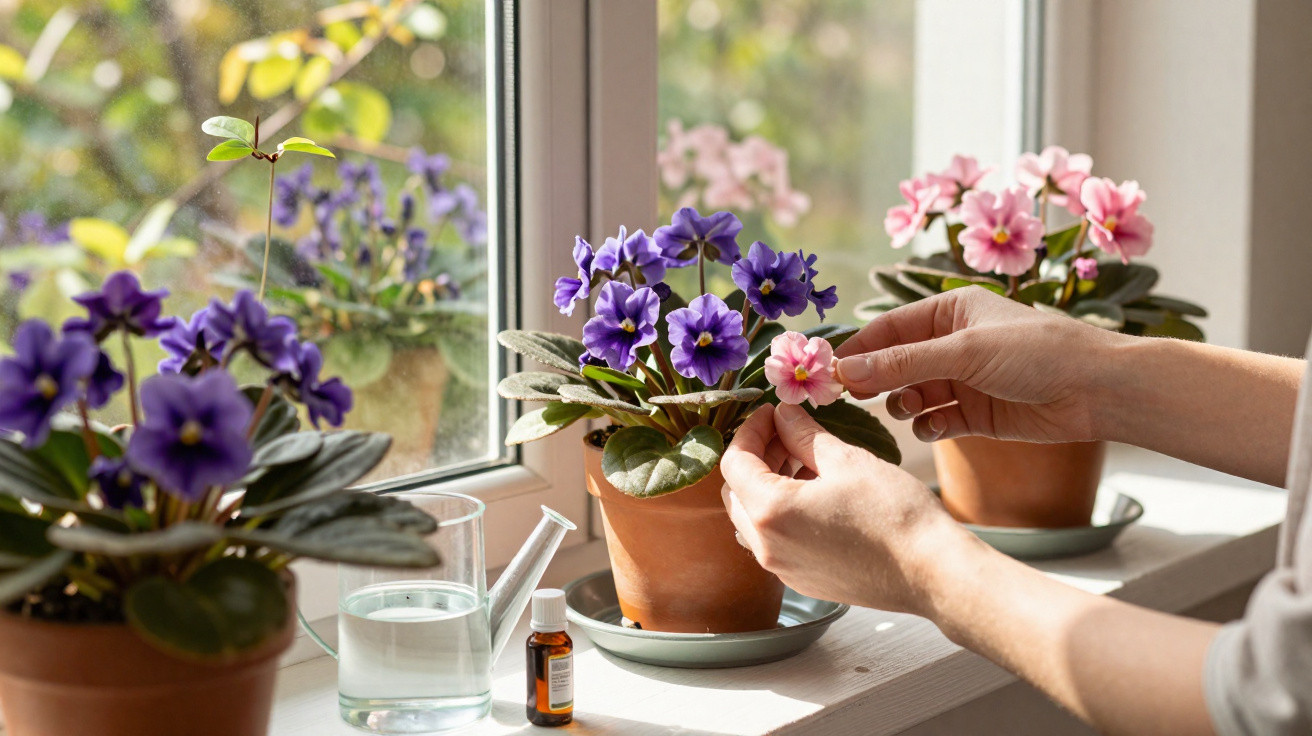 Hands tending to purple and pink African violet plants on a sunlit windowsill with a watering jug nearby.
