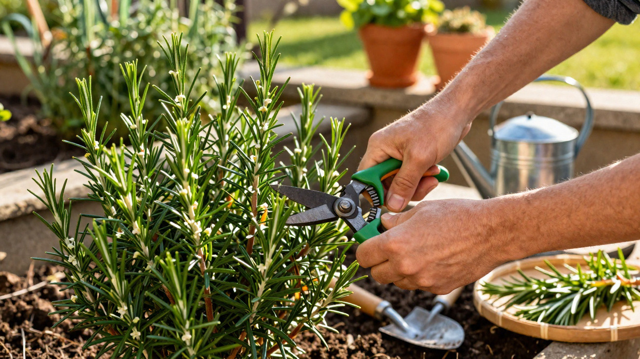 Person pruning rosemary bush with garden shears in sunny outdoor garden setting.