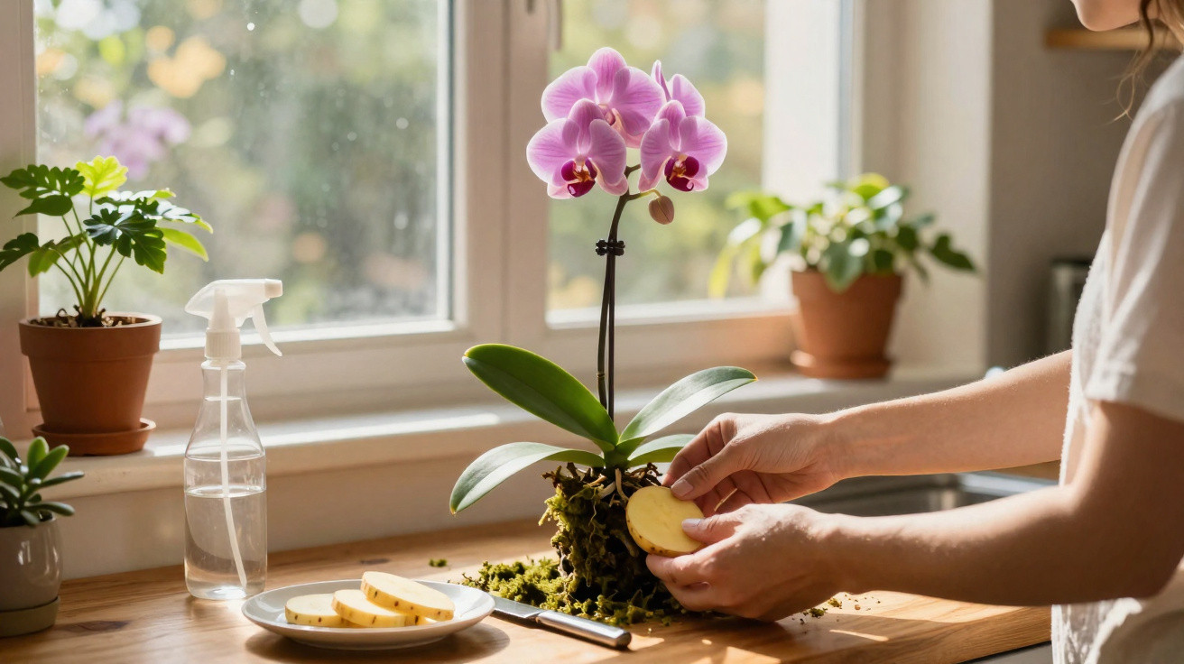 Person caring for a potted pink orchid on a windowsill with sliced potatoes and gardening spray nearby.