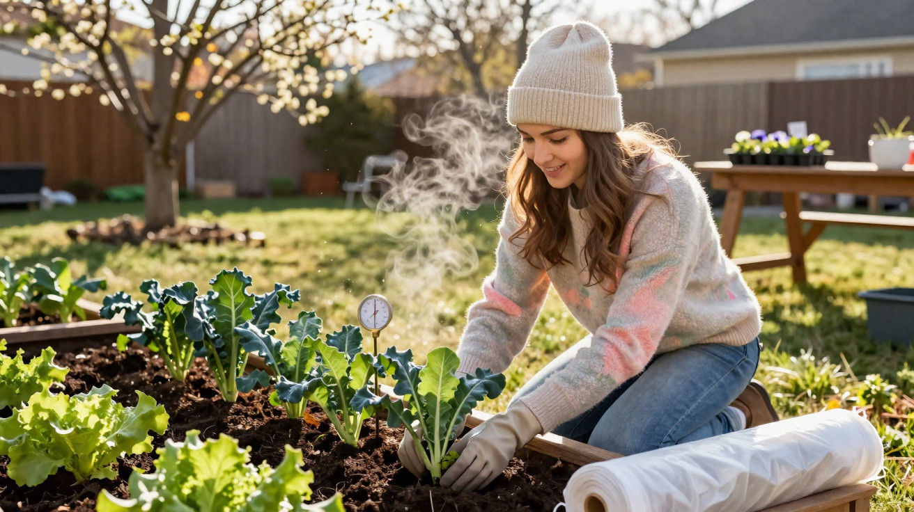Young woman wearing gloves and a beanie planting vegetables in a raised garden bed on a sunny morning.