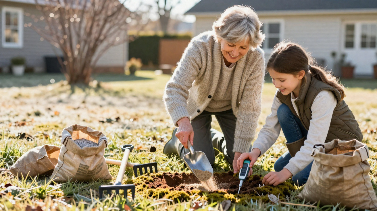 A grandmother and granddaughter gardening together, planting bulbs in a sunny backyard with tools and bags nearby.