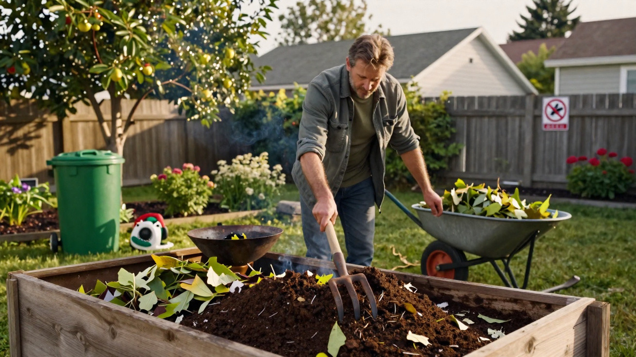 Man turning compost with a garden fork in a raised wooden bed in a sunny backyard garden.