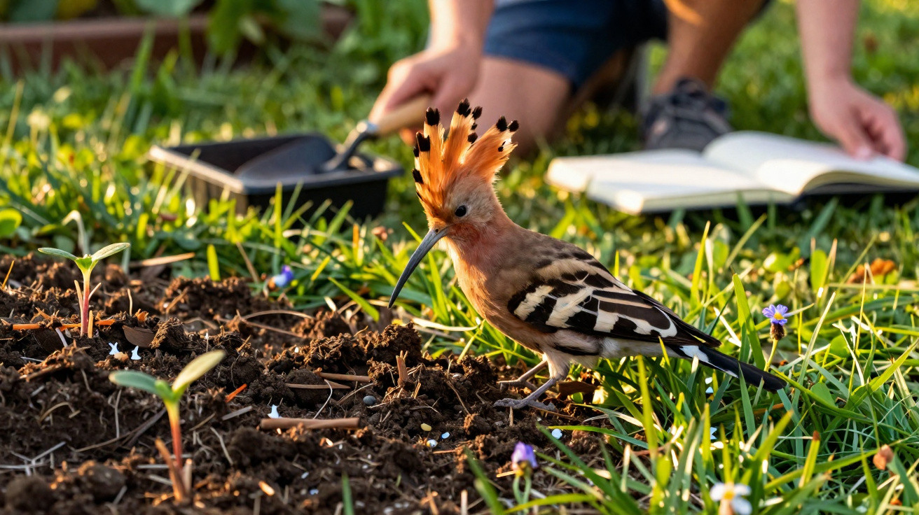 Hoopoe bird with a striking crest foraging on soil near a person reading and holding a garden dustpan.