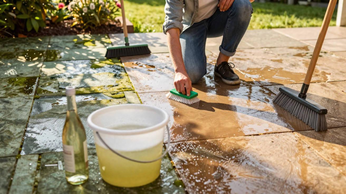 Person cleaning moss off outdoor patio tiles with brush, water bucket, and brooms in sunny garden.