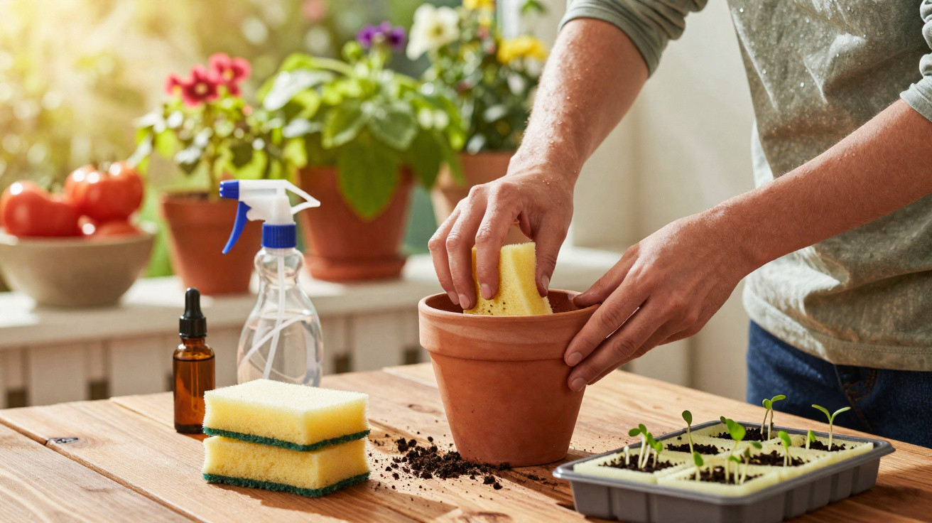 Person cleaning a terracotta pot with a sponge, surrounded by gardening supplies and seedlings on a wooden table.
