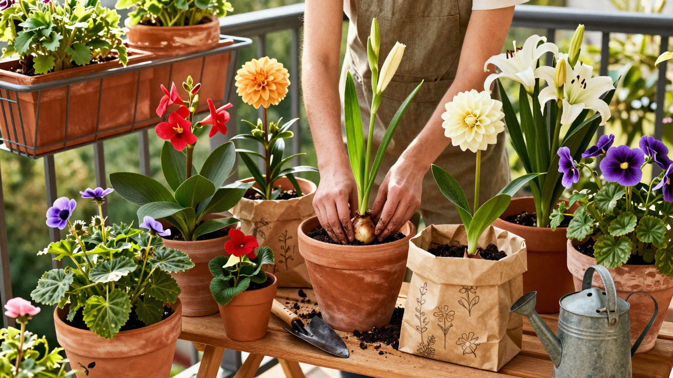 Person planting flower bulbs in terracotta pots surrounded by colourful flowers on a balcony table.