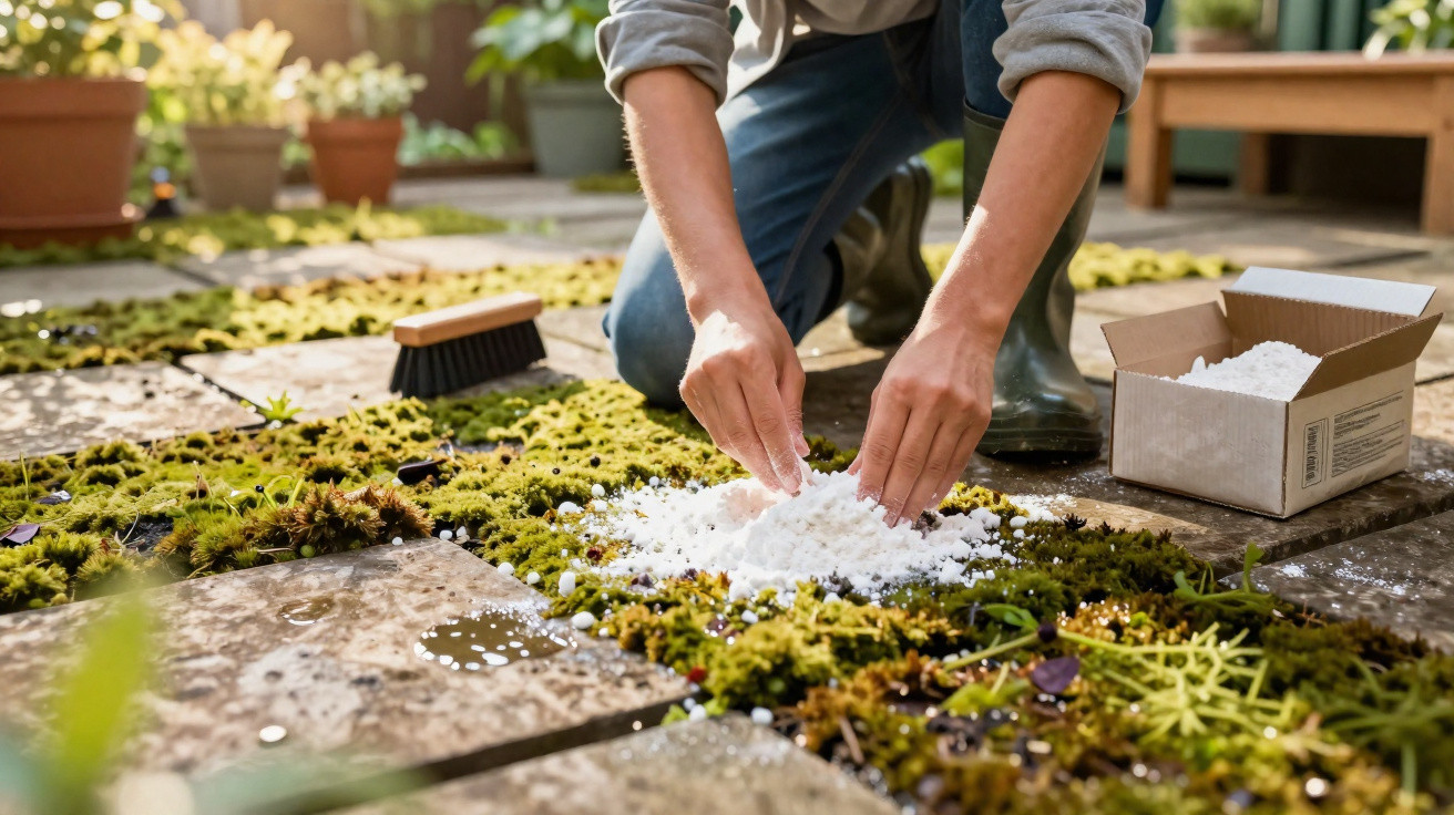 Person applying white powder to moss and weeds growing between garden patio stones.