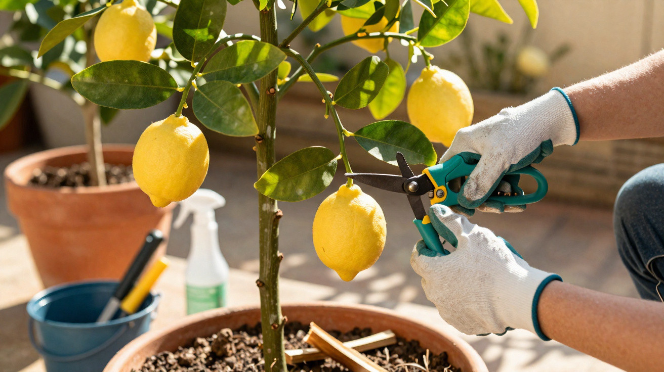 Person wearing gloves pruning a lemon hanging from a potted lemon tree with garden shears outdoors.