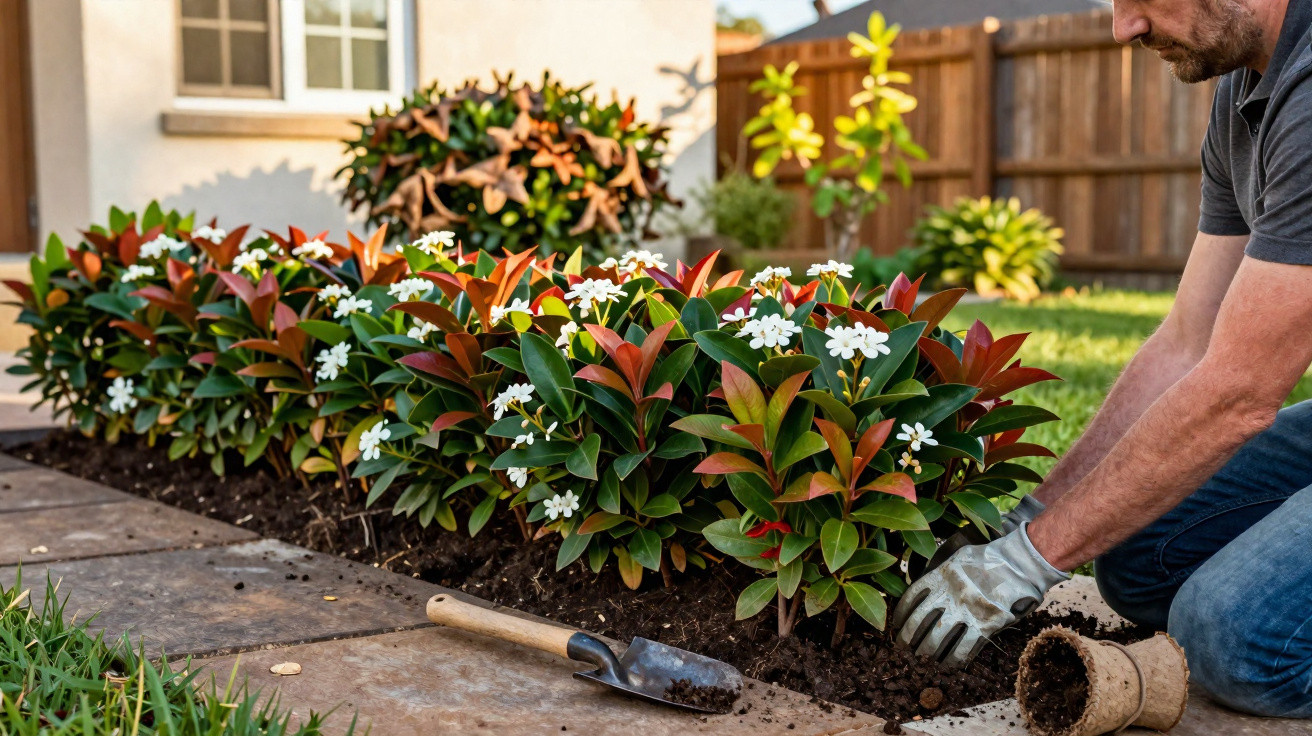 Person gardening new white-flowered shrubs along a paved garden path in a sunny backyard.
