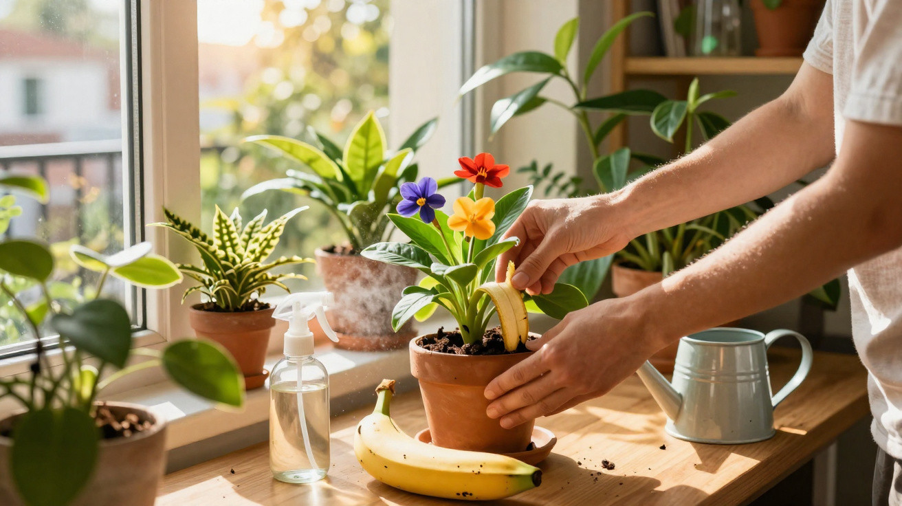 Person planting colourful flowers in a pot on a sunlit windowsill with various houseplants and gardening tools.