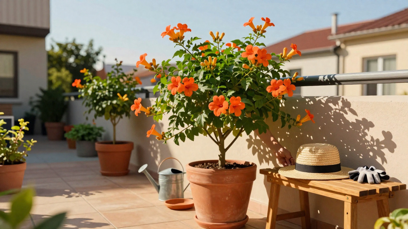 Terracotta pot with orange trumpet flowers on a sunny terrace next to a wooden bench with a straw hat and gardening gloves.