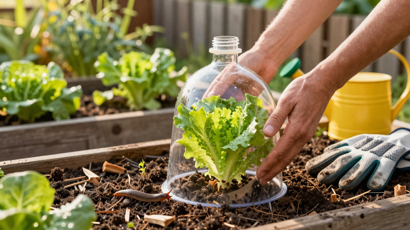 Hands placing a clear plastic cloche over a lettuce plant in a raised garden bed with gardening tools nearby.