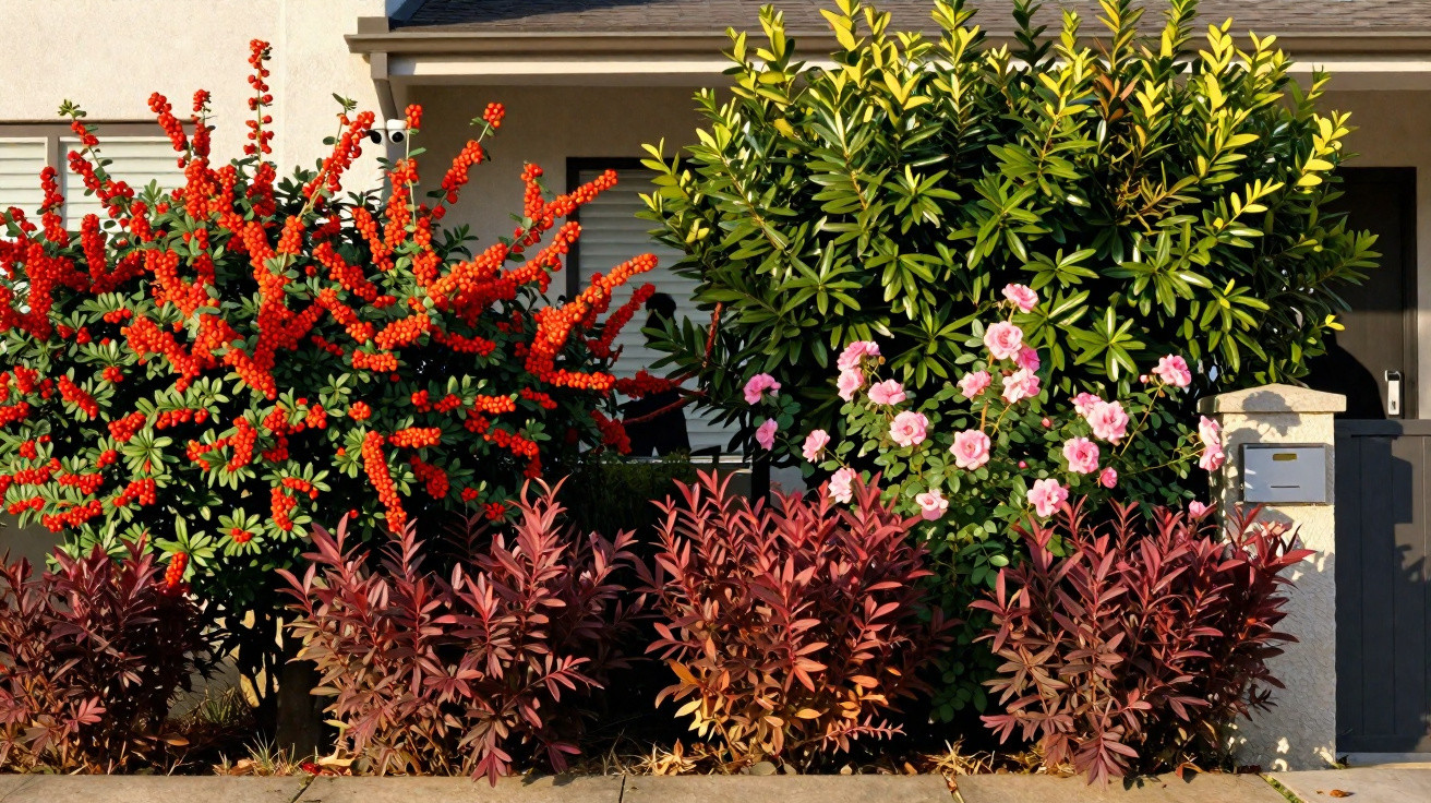 Front garden with bright red berries, green shrubs, pink flowers, and reddish foliage in front of a house.