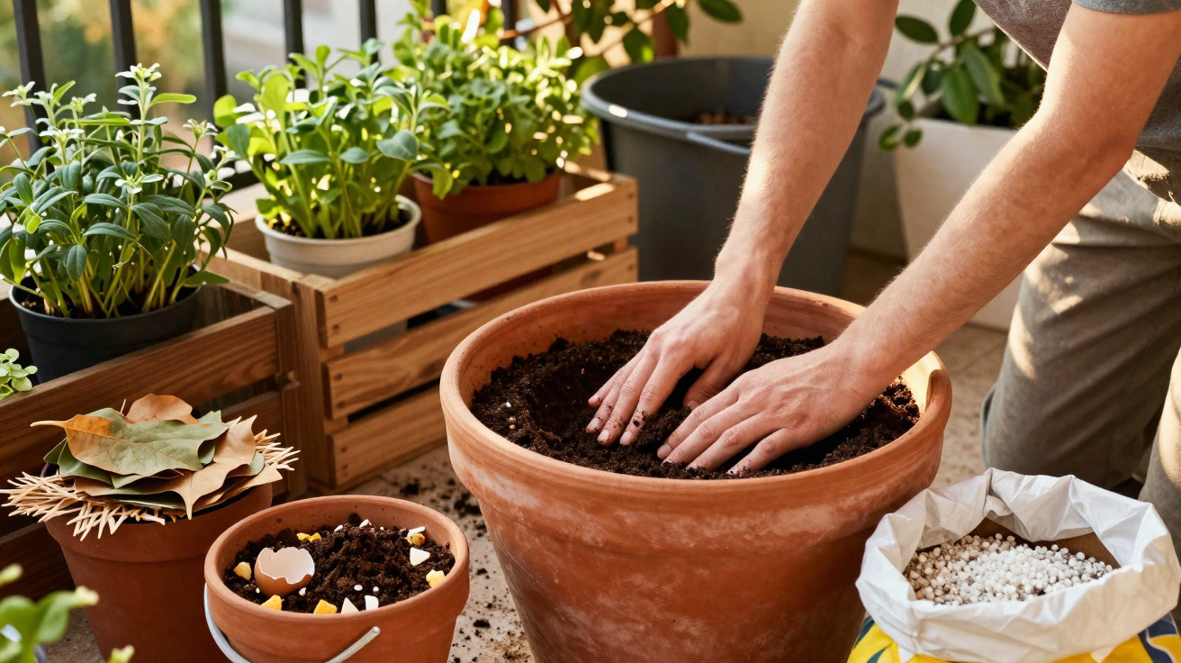 Person planting soil in a large terracotta pot on a balcony with potted herbs and gardening supplies nearby.