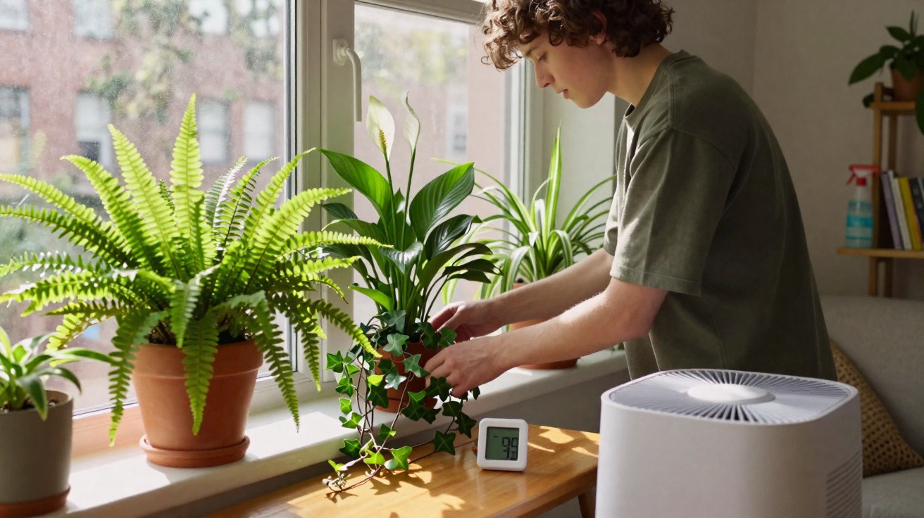 Person tending to houseplants on a wooden shelf by a window with a digital humidity monitor and air purifier nearby.