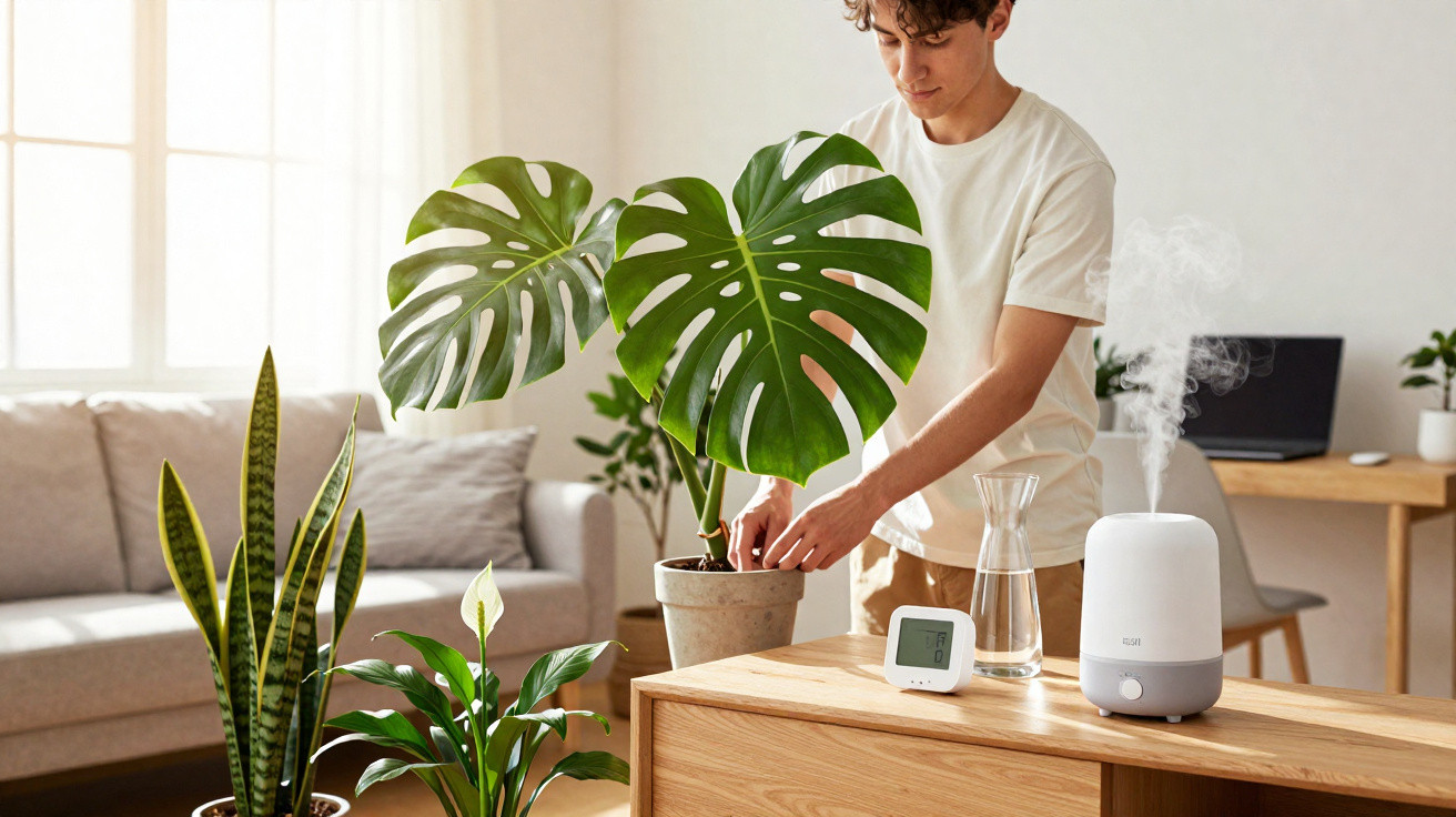 Person tending to a Monstera plant in a bright living room with houseplants and a humidifier on a wooden table.