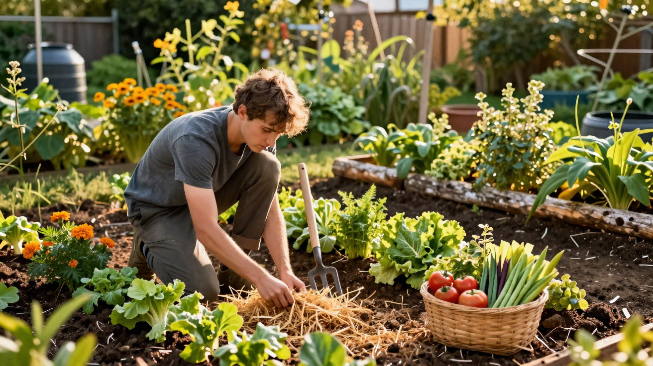 Young man gardening, spreading straw mulch around plants in a sunny vegetable garden bed.