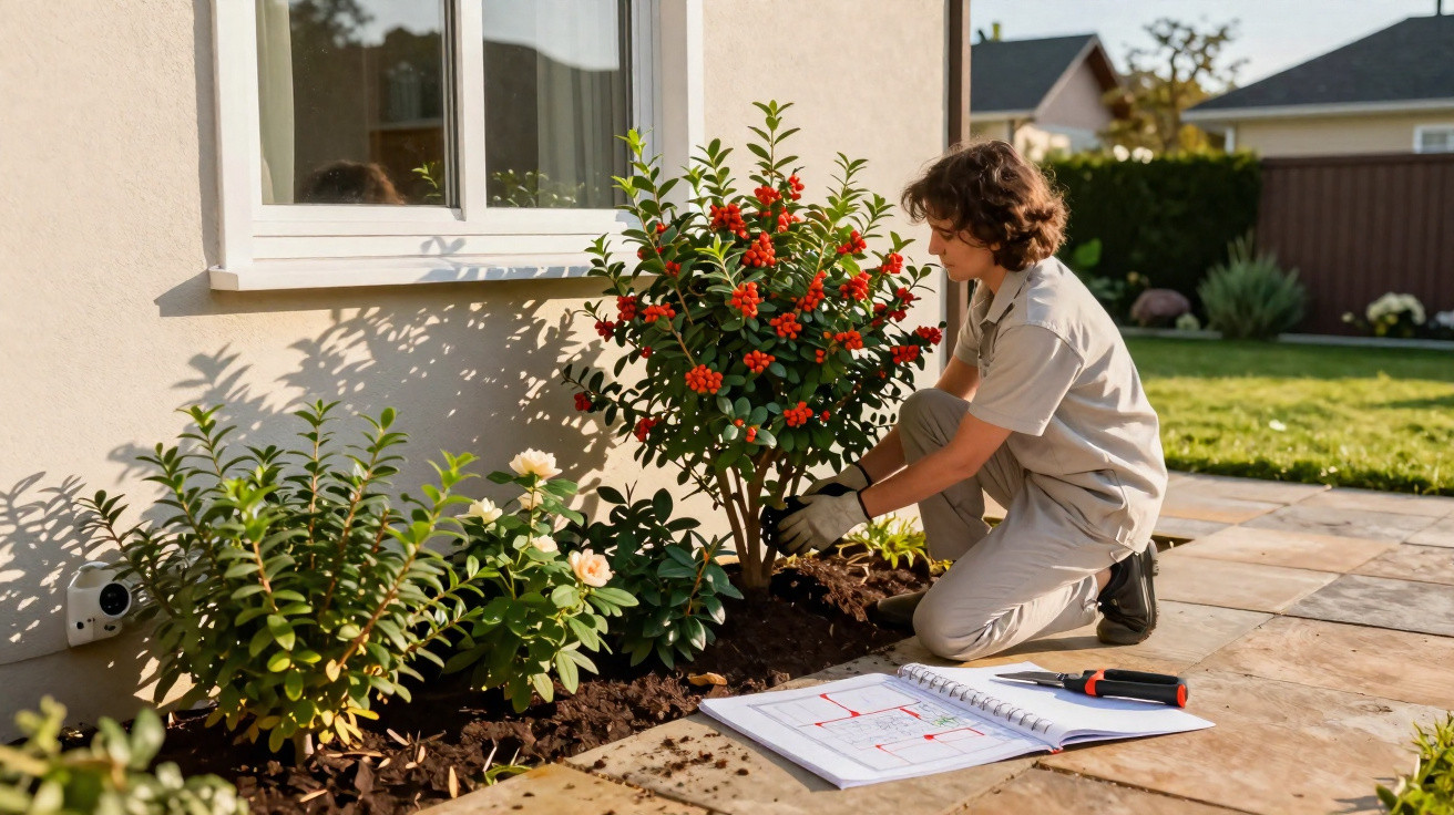 Person in gardening gloves planting a red-berried shrub beside a house with garden plans and tools nearby.