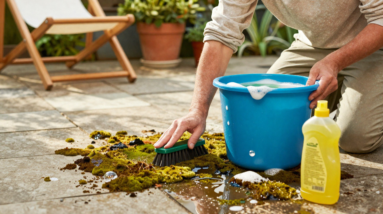 Person scrubbing moss off outdoor tiles with a brush, bucket of soapy water, and yellow cleaning liquid nearby.