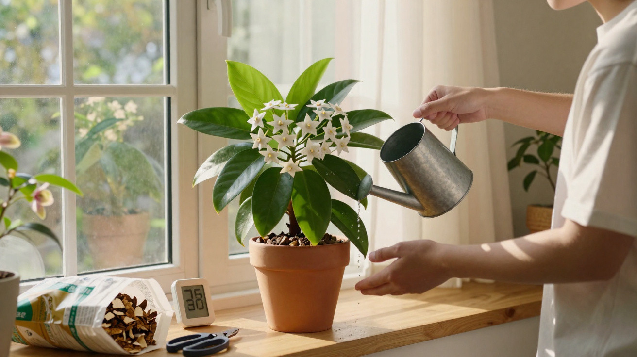 Person watering a potted flowering plant on a sunny windowsill with gardening tools nearby.